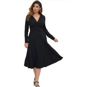 Double Chic Women's V Neck Ruffle Long Sleeve Midi Dress (M)